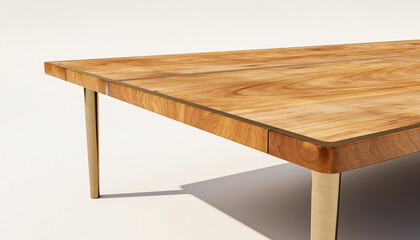 Close-up of a modern wooden dining table with a light natural grain pattern and sleek brass-colored legs, showcasing contemporary furniture design and craftsmanship on a clean background.