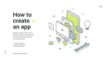 Fototapeta na wymiar How to create in app learning DIY video tutorial isometric web banner design template vector illustration. Smartphone interface software development studying information technology digital programming