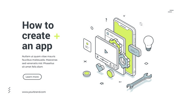 How to create in app learning DIY video tutorial isometric web banner design template vector illustration. Smartphone interface software development studying information technology digital programming