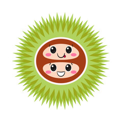 Double chestnut in burr, cute and fun cartoon character, big eyes, happy smiling face, kawaii style, icon vector illustration.