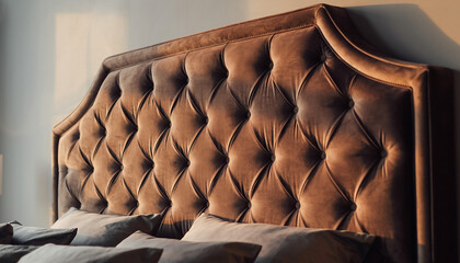 Close-up of a luxurious brown velvet tufted headboard with soft pillows on a bed, illuminated by warm natural light, creating a cozy and elegant bedroom atmosphere perfect for relaxation and comfort.
