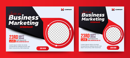 Marketing Business Live Webinar Banner Invitation and Social Media post template. Black and Red background. Business Converence invitation design. Vector