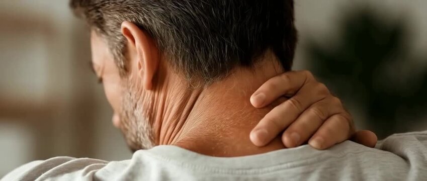 A man experiencing sciatica, back, muscular, and neck discomfort at home