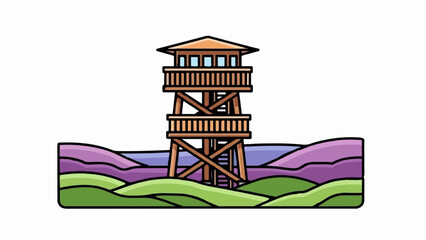 Fototapeta premium A wooden lookout tower stands tall amidst rolling hills and purple mountains