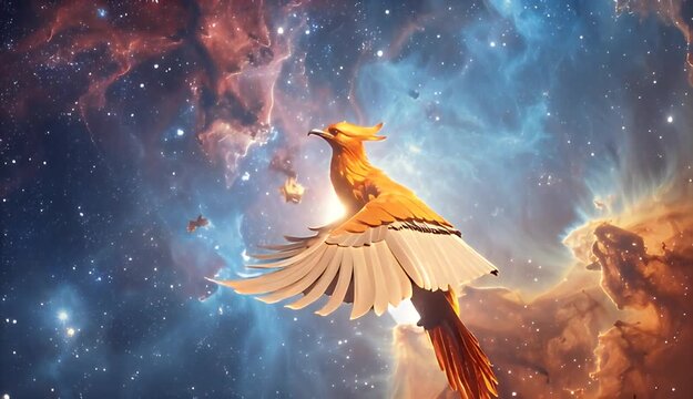 Majestic Fiery Bird Ascends Through Vibrant Cosmic Nebula with Extended Wings and Glowing Body