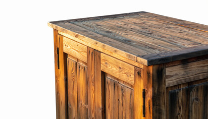 Rustic wooden cabinet or counter made from reclaimed planks, showcasing natural wood grain, knots, and variations in color with a dark stained top and side framing, isolated on a white background.
