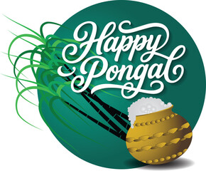 Festive Happy Pongal greeting design with elegant hand lettering, sugarcane illustration, and a traditional Pongal pot symbolizing South Indian harvest celebration.