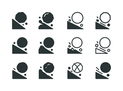 Rolling Hill Logos. Rolling down the hill. Icon set. Set Logo of rolling down the hill: tumbling rock. harmonious logo variations of the same emblematic