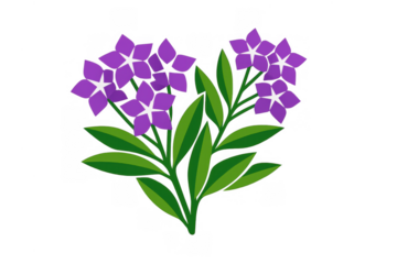 Purple flowers with green leaves illustration, botanical clip art for spring and summer floral design on transparent background