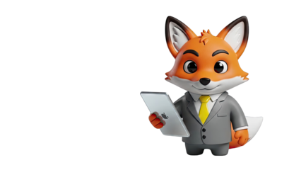 Cartoon Fox in Suit Holding Tablet