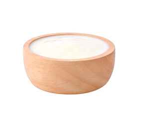 yogurt in wood bowl ,white nature yogurt texture on transparent png