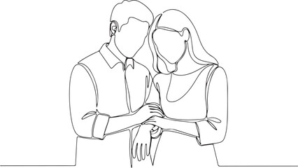 Minimalist continuous line drawing of a couple embracing, romantic gesture, elegant illustration