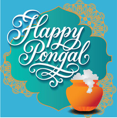 Festive Happy Pongal greeting design with elegant hand lettering, sugarcane illustration, and a traditional Pongal pot symbolizing South Indian harvest celebration.