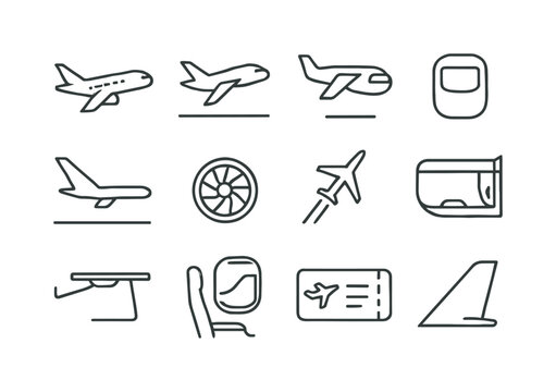Airplane Icon Set. Airplane. Line icon set of Airplane: passenger airplane, takeoff icon, landing icon, cockpit window, airplane wing, engine turbine, jet