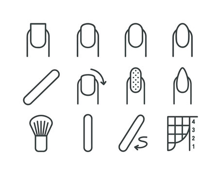 Nail Shaping Icons. Nail shaping. Line icon set of Nail shaping: square nail icon, round nail icon, oval nail icon, almond nail icon, coffin nail icon,