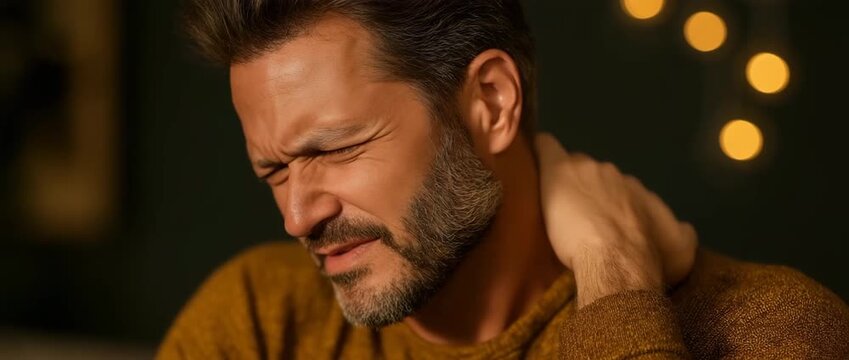 A man experiencing sciatica, back, muscular, and neck discomfort at home