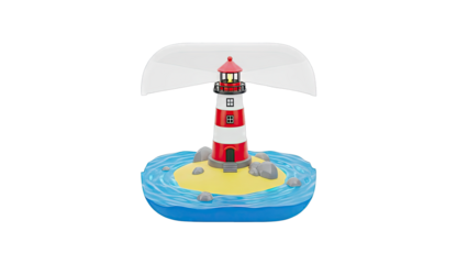 Cartoon Lighthouse on a Small Island with Clear Dome