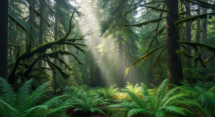 Sunbeams pierce lush green forest canopy, illuminating ferns and moss-covered trees.