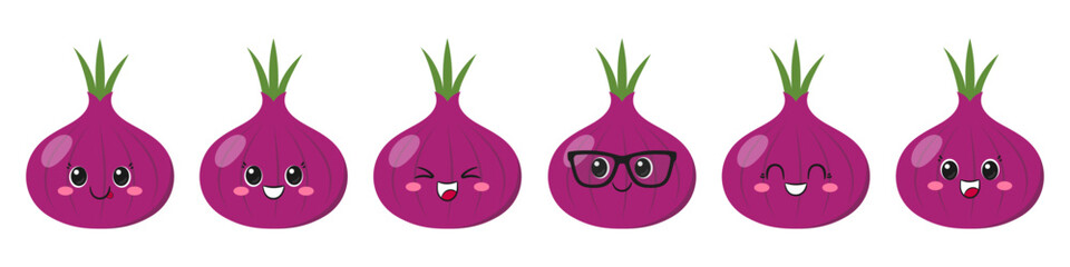 Set red onion, cute and fun cartoon character, emotions joy delight, big eyes, happy smiling face, kawaii style, icon vector illustration.