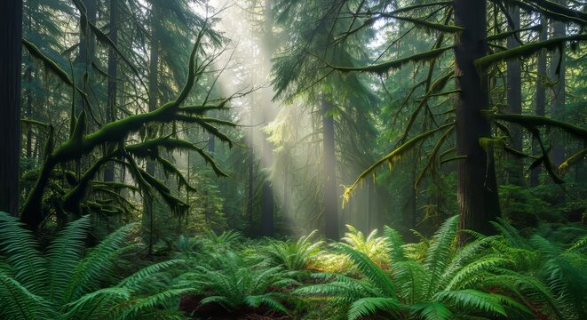 Sunbeams pierce lush green forest canopy, illuminating ferns and moss-covered trees. - Powered by Adobe