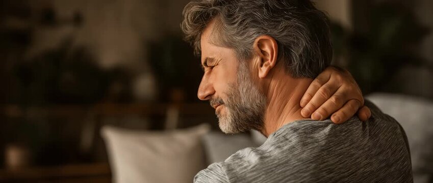 A man experiencing sciatica, back, muscular, and neck discomfort at home