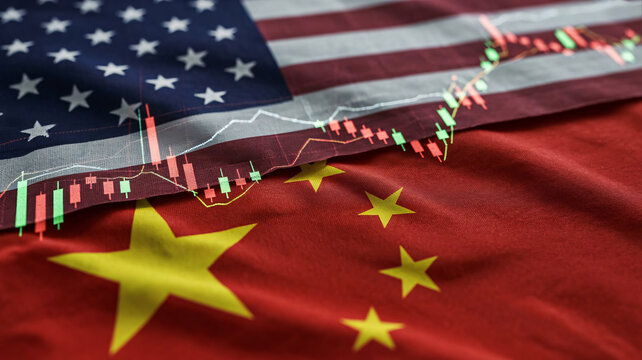 The flags of China and the United States with stock market graphs superimposed on top, symbolizing global trade and economic relations.
