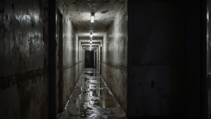 Obraz premium Long, dark, wet interior hallway, illuminated by overhead fluorescent lights