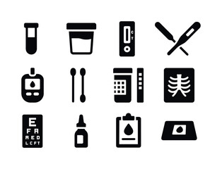 Diagnostic Tool Icons. Diagnostic Supplies. Solid icon set of Diagnostic Supplies: test tube, specimen cup, rapid test kit, thermometer, blood glucose meter,