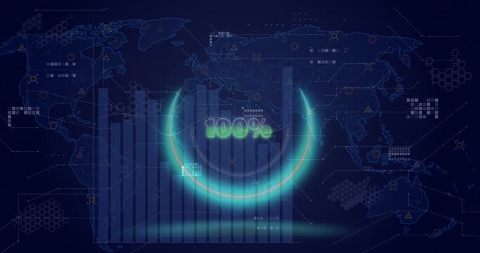 A neon circle with 100% over a digital screen with a world map and graphs is shown