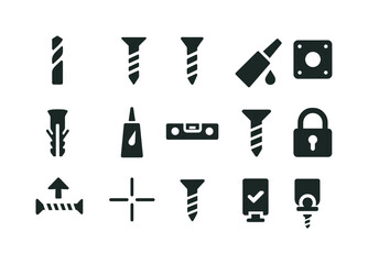 Fixing Tools Icons. Fixing and mounting. Solid icon set of fixing and mounting: drill bit, screws, anchors, wall plug, adhesive glue, level tool, mounting