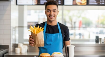 Smiling young restaurant employee in blue apron offering a bag of golden french fries and two burgers
