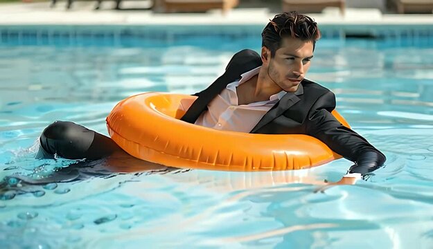 Man In Business Suit And Orange Float Ring In Swimming Pool On A Sunny Day Relaxing Leisure