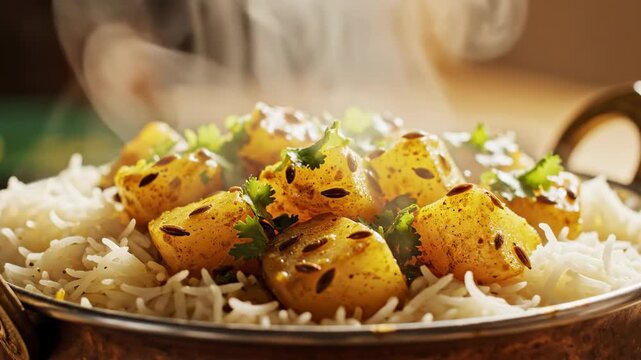 Aromatic Rice and Potatoes Delight: A mouthwatering image showcases a dish of steaming, golden-brown potatoes and fluffy rice, artfully presented, inviting diners into a world of exquisite flavors.