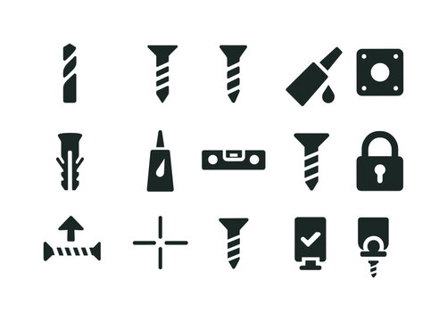 Fixing Tools Icons. Fixing and mounting. Solid icon set of fixing and mounting: drill bit, screws, anchors, wall plug, adhesive glue, level tool, mounting