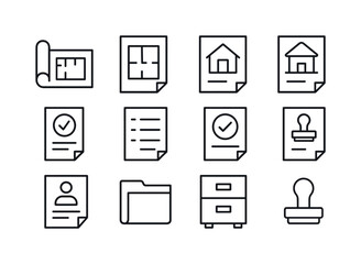 Construction Document Icons. Construction documents. Line icon set of construction documents: blueprint roll, floor plan, elevation drawing, section drawing,