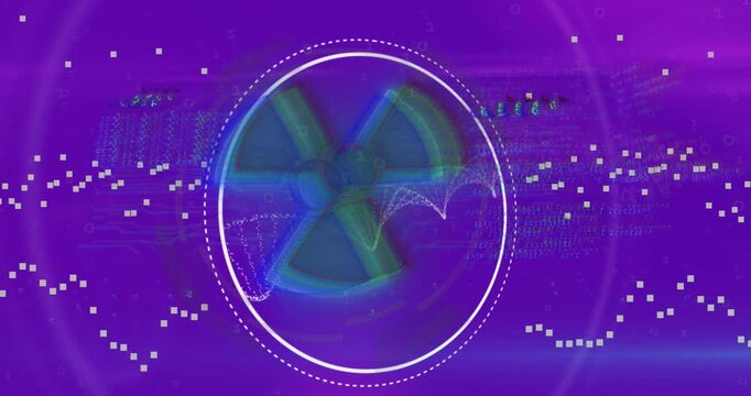 Animation of radioactive symbol, dna structure and data processing on purple gradient background