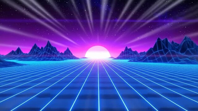 Retro futuristic landscape with grid and mountains at sunset.
