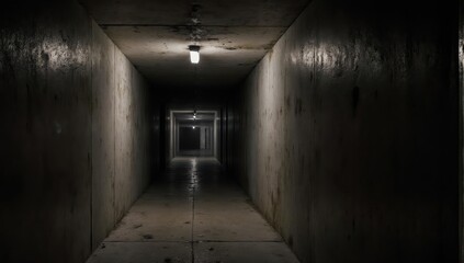 Dark, elongated hallway with dim overhead lights, leading into unknown depths