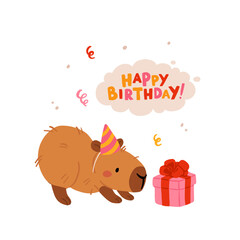 Naklejka premium Happy birthday party with cute capybara. Vector collection of Funny amusing capybara characters celebrating birthday. Childish baby adorable nice animals cliparts.