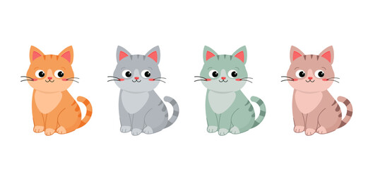 Cat Flat Illustration, Adorable Cat Collection.Pet Animals, Playful Feline Characters