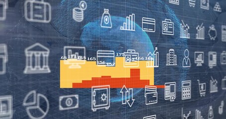 Animation of globe with american dollar banknotes falling over financial data processing - Powered by Adobe