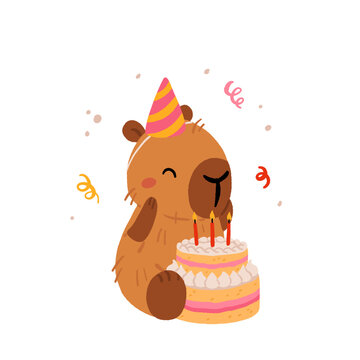 Happy birthday party with cute capybara. Vector collection of Funny amusing capybara characters celebrating birthday. Childish baby adorable nice animals cliparts.