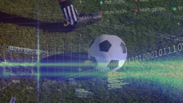 Animation of financial data processing over caucasian football player on pitch