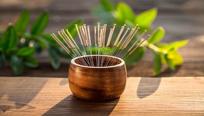 Acupuncture Needles in a Wooden Container with Greenery in the Background