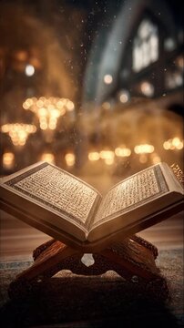 Open Holy Quran book on wooden stand inside beautiful mosque with golden lighting and bokeh background for Ramadan and Eid concept (Vertical Video)