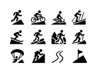 Hill Sports Icons. Hill sports. Solid icon set of hill sports: downhill running, mountain biking, sledding, skiing, snowboarding, grassboarding, trail running,