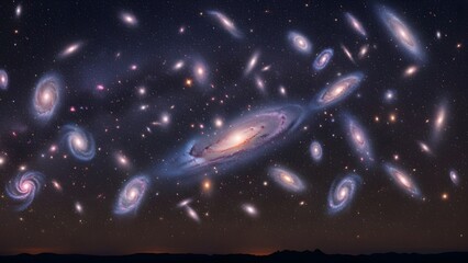 Panoramic view of multiple spiral galaxies in deep space, cosmic nebula and starlight background, vast universe exploration and astronomy concept.