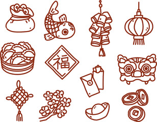 Chinese New Year Icon Set in Doodle Style. Linear objects for the spring festival with lanterns, coins and a dragon mask. Hieroglyph wishing happiness good luck and well-being