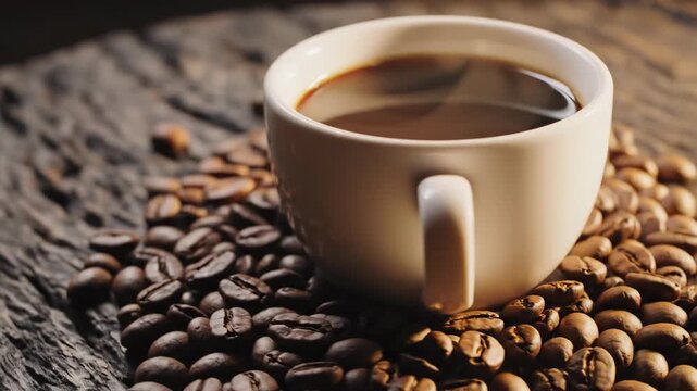 Morning Brew: A creamy ceramic cup filled with aromatic black coffee rests amidst a bed of roasted coffee beans, a perfect start to the day.