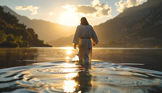 Man in White Robe Walks on Water Reflecting Golden Sunset Light Towards Mountains